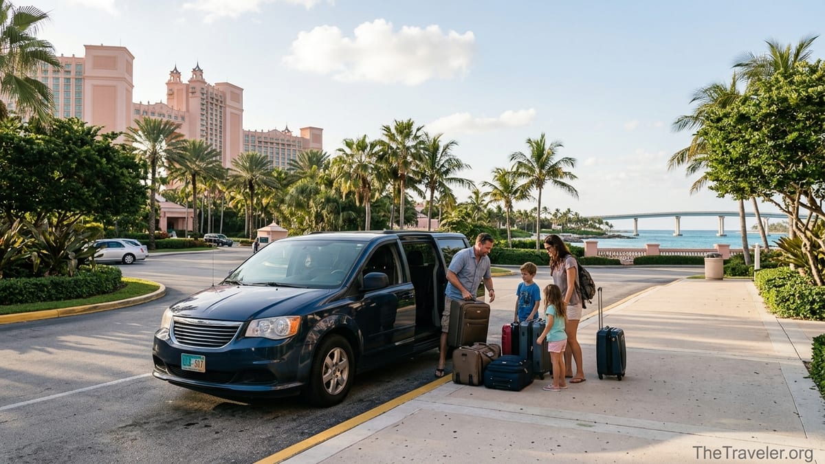 Taxi unloading luggage at Atlantis Paradise Island entrance in Nassau, Bahamas.
