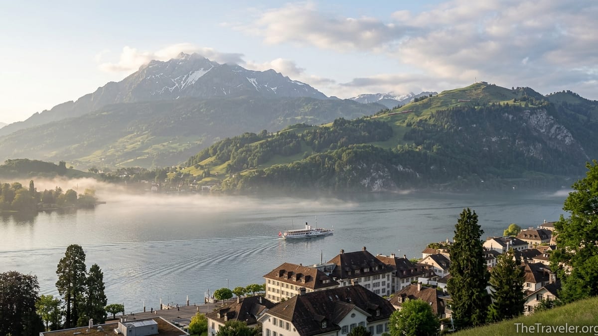 Sunrise view over Lucerne and Lake Lucerne with Mount Pilatus and Mount Rigi in the distance.
