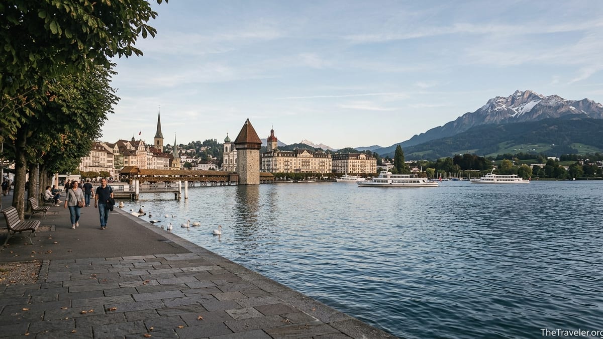 View of Lucerne’s lakeside promenade with Lake Lucerne and distant Alps under soft afternoon light.
