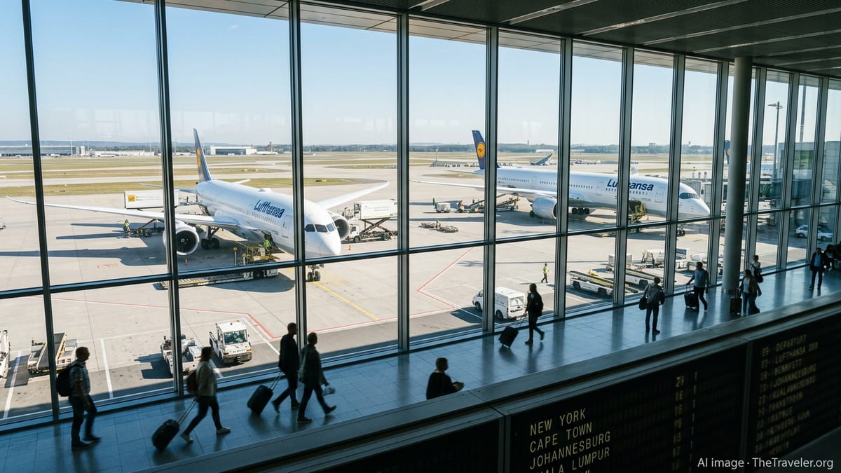 Lufthansa widebody jets at Frankfurt Airport gates viewed through a busy glass terminal with passengers and ground crews.