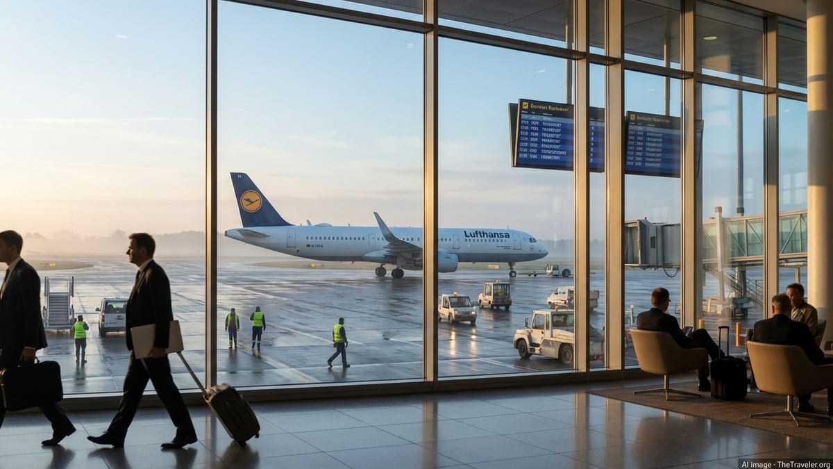 Lufthansa Airbus narrowbody at dawn seen from Hamburg Airport terminal windows with travelers walking to the gate.