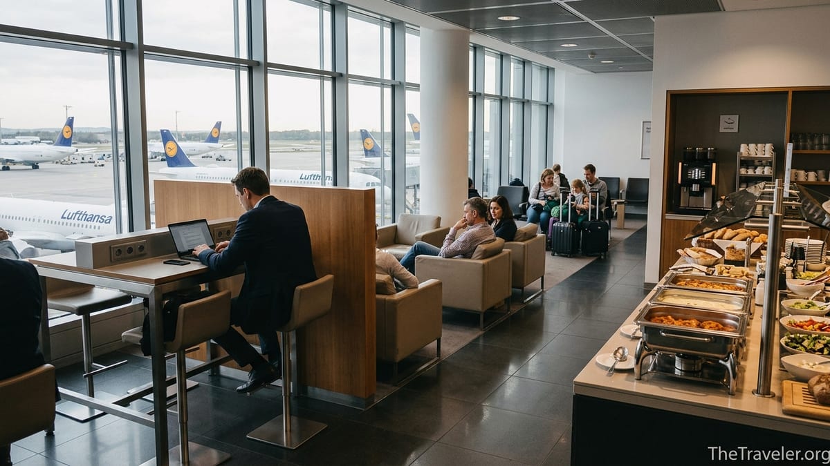 Travelers working and relaxing inside a Lufthansa Business Lounge with planes visible outside large windows.