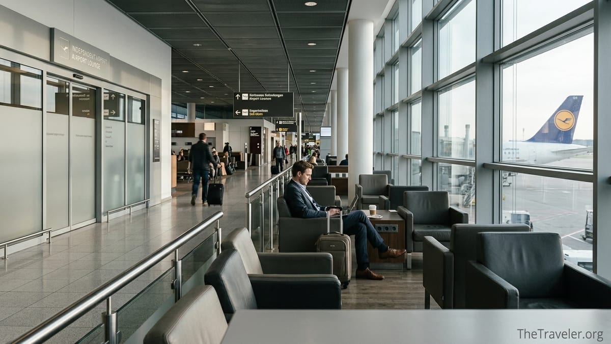 Business traveler by independent airport lounge with Lufthansa jet outside the window.