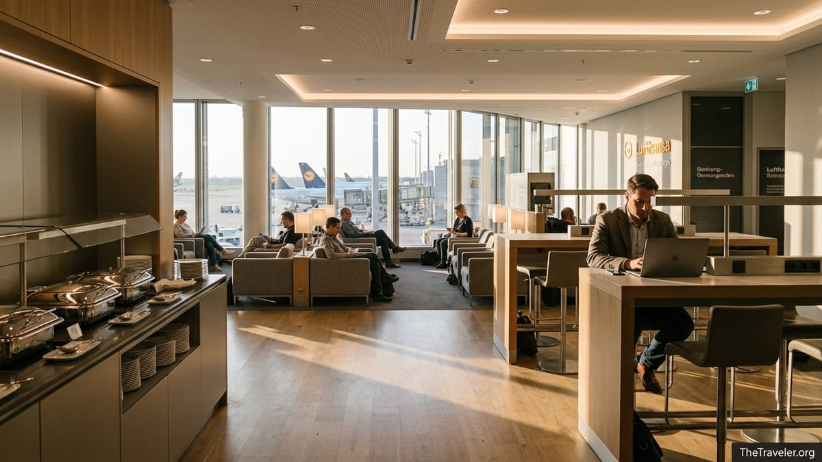 Travelers relax and work in a bright Lufthansa airport lounge with runway views.