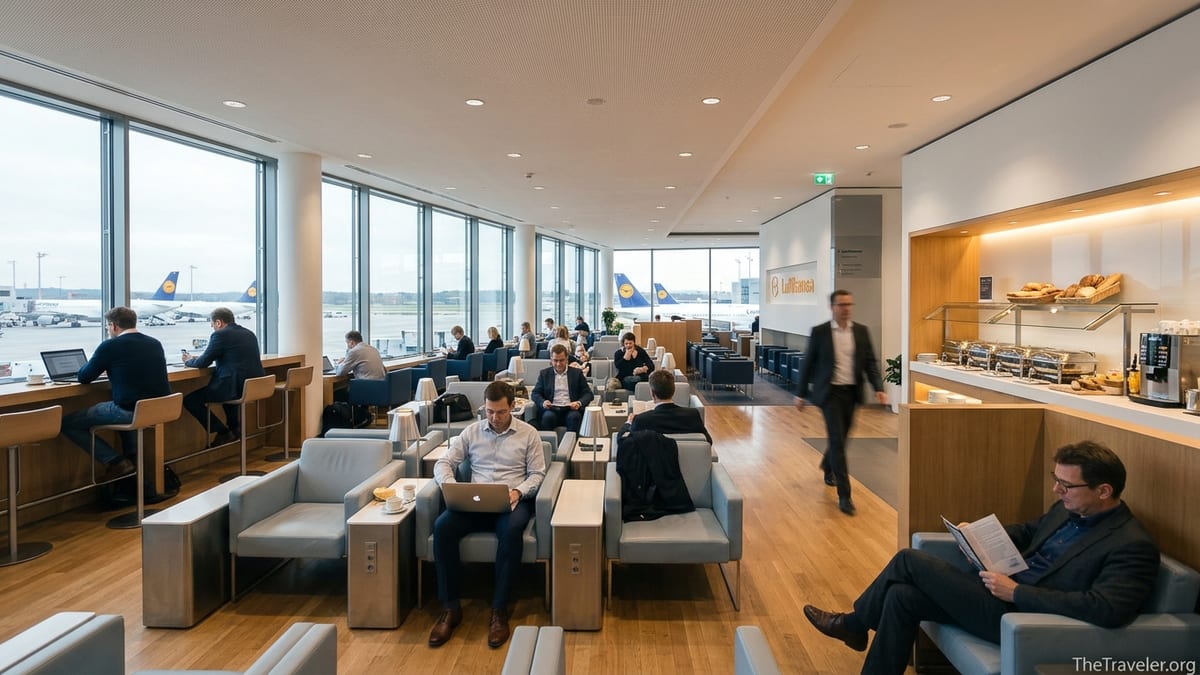 Travelers relaxing in a Lufthansa Business Lounge with runway views at Frankfurt Airport.