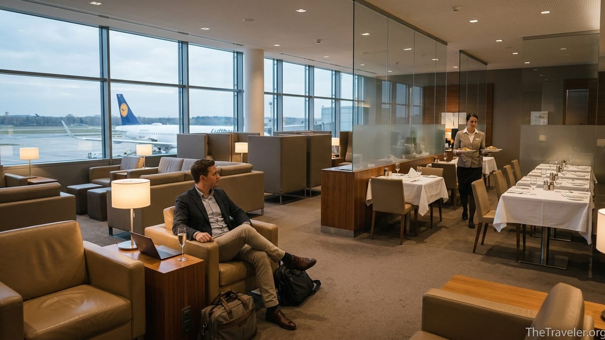 Traveler relaxing in Lufthansa First Class Lounge with view of aircraft at Frankfurt Airport.