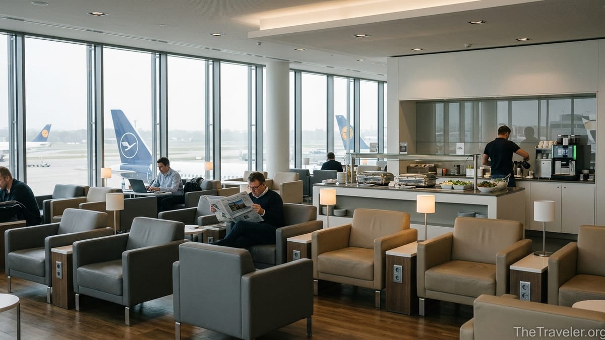 Travelers relaxing and working inside a bright Lufthansa Business Lounge with runway views.