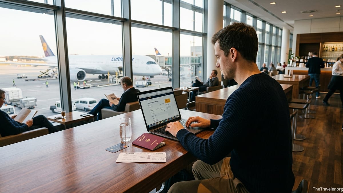 Traveler in an airport lounge with Lufthansa jet outside, planning with a Miles & More Mastercard.