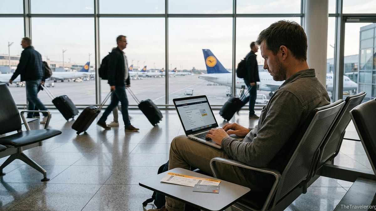 Traveler at an airport gate looking at a Miles & More balance beside a Mastercard.