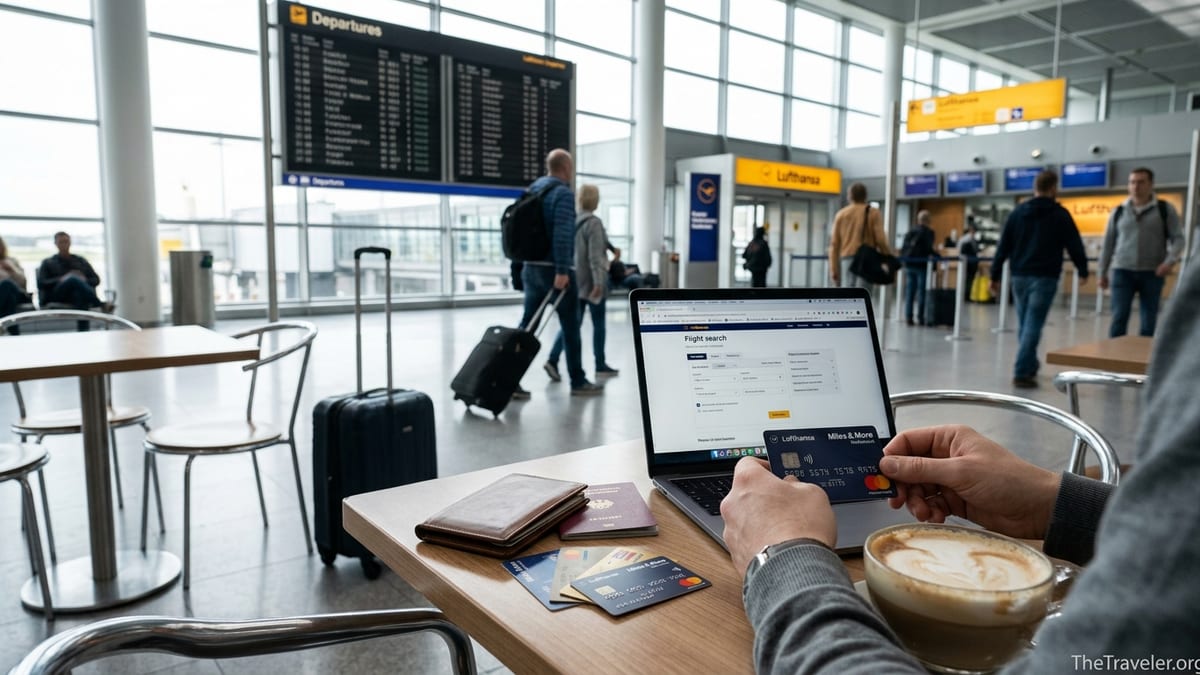 Traveler comparing airline credit cards with a Lufthansa Miles & More card in an airport lounge.