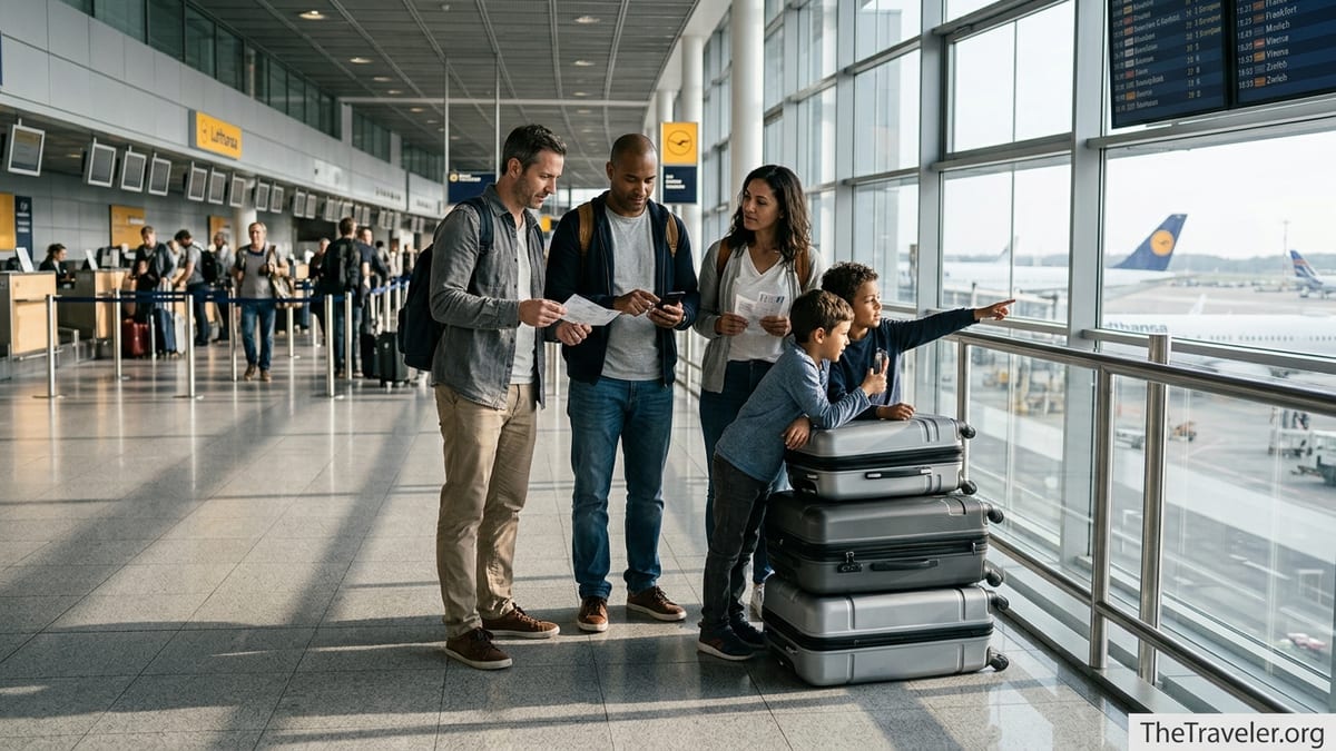 Family of four with luggage in a Lufthansa terminal deciding on their Europe trip options.