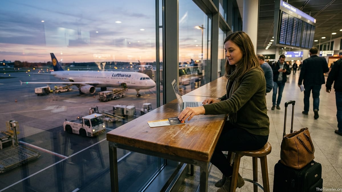 Traveler at Frankfurt Airport placing a Lufthansa Miles & More Mastercard beside a boarding pass with a Lufthansa jet outside
