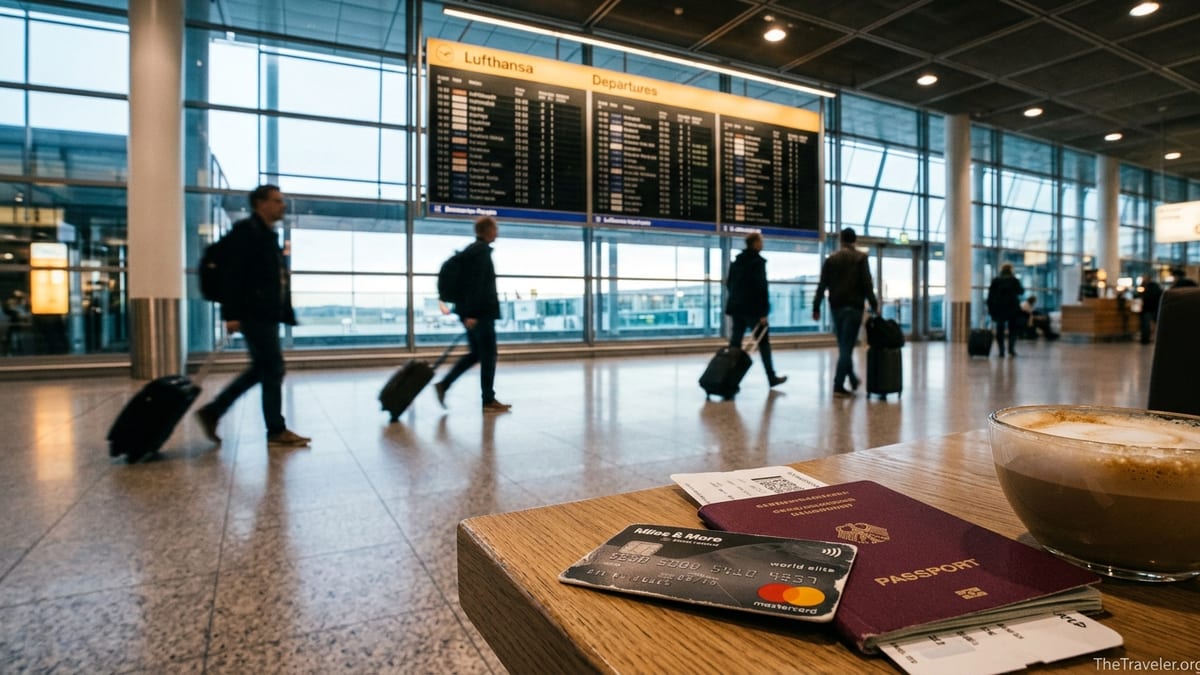Miles & More credit card and passport on a café table in a Lufthansa airport terminal.