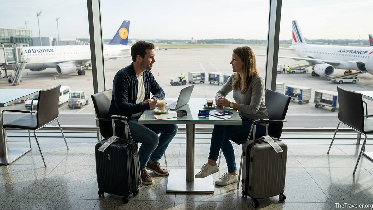 Two travelers compare Lufthansa and Air France KLM credit cards at a European airport gate.