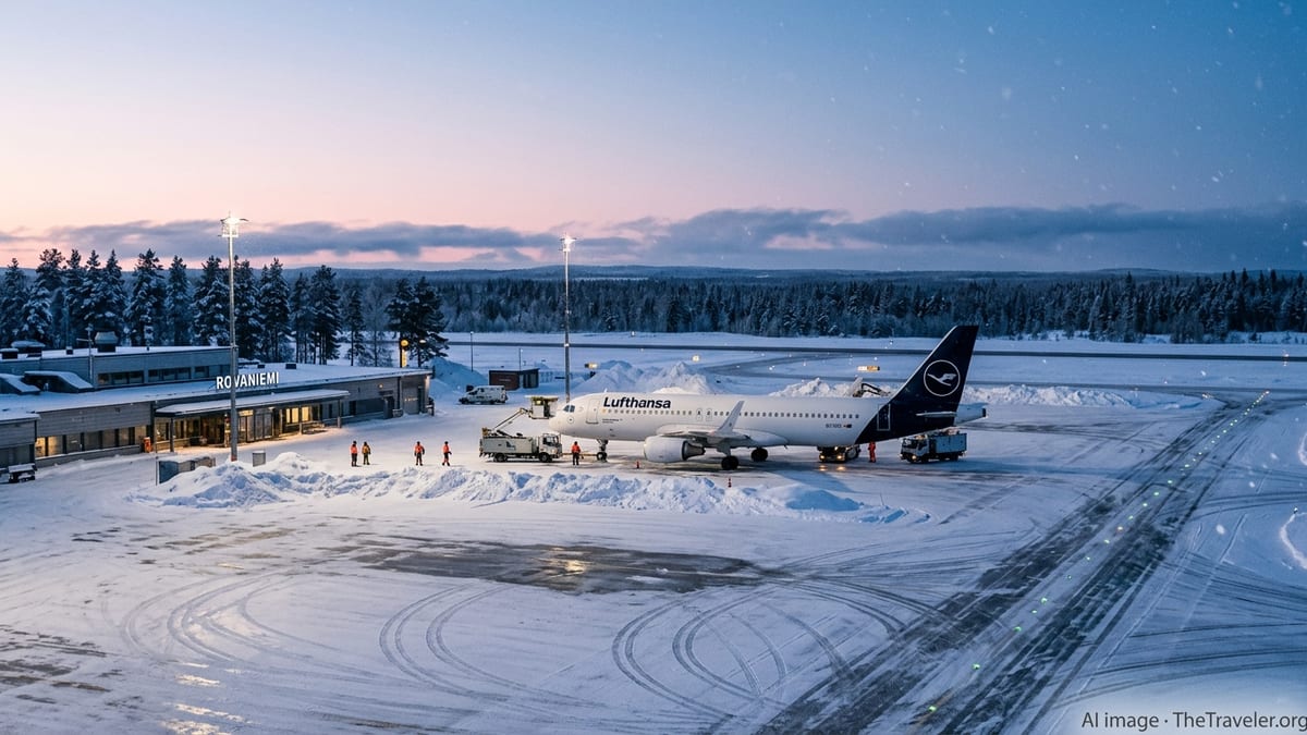 Lufthansa jet on a snowy apron at Rovaniemi Airport during winter twilight.