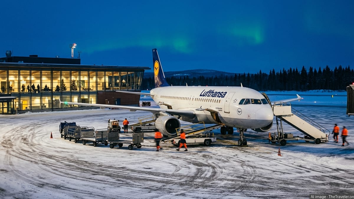Lufthansa aircraft on a snowy apron at Rovaniemi Airport under a blue Arctic twilight sky.