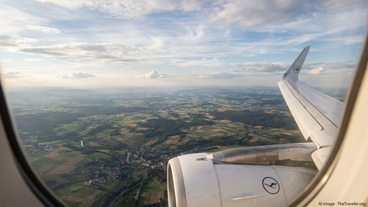 Passenger view over a Lufthansa wing cruising smoothly above central Europe under calm, partly cloudy skies.