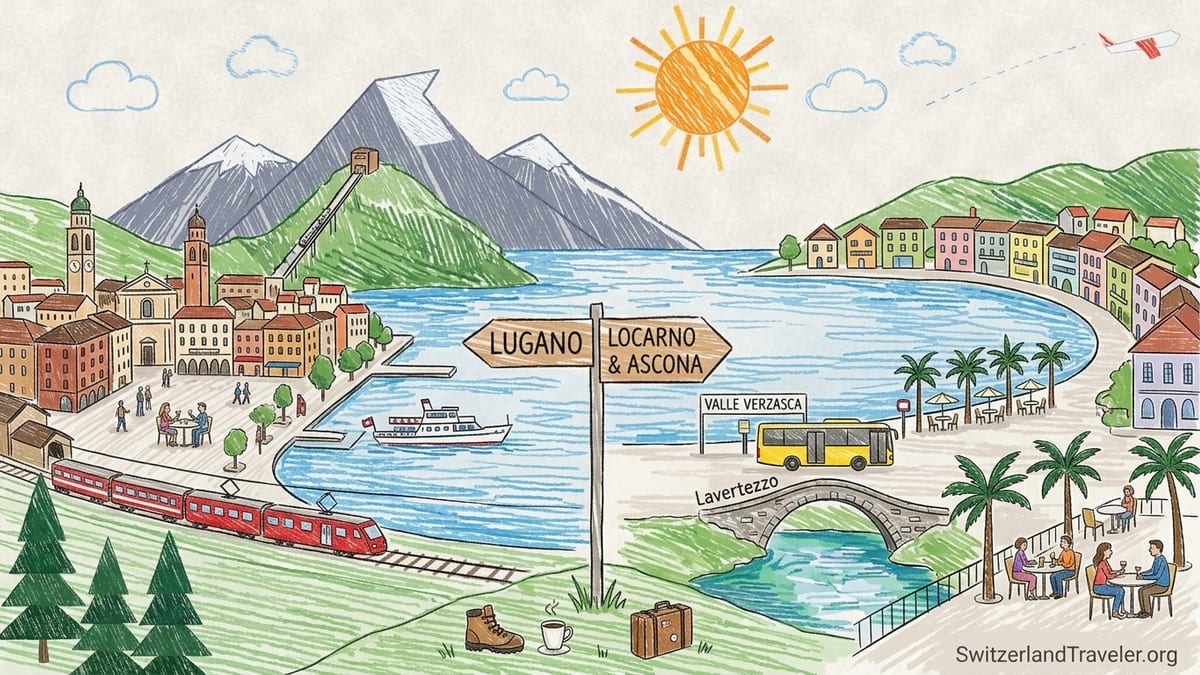 Panoramic evening view over Lake Maggiore with Locarno and Ascona lights reflecting on the water.