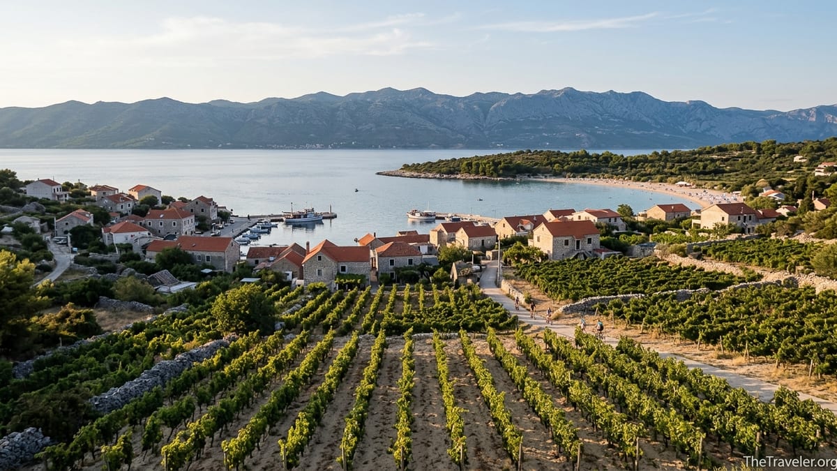 Late afternoon view over Lumbarda vineyards towards the village, sandy beach and calm Adriatic bay on Korčula Island.