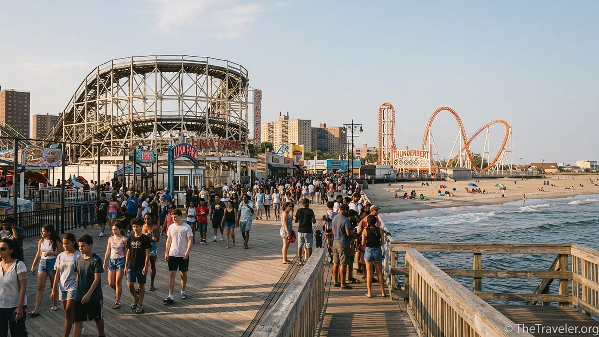 View of Luna Park Coney Island with Cyclone coaster, boardwalk, and beach on a sunny day.