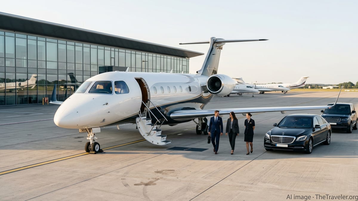 Embraer Praetor 600 business jet on a European airport apron with passengers boarding at sunset.