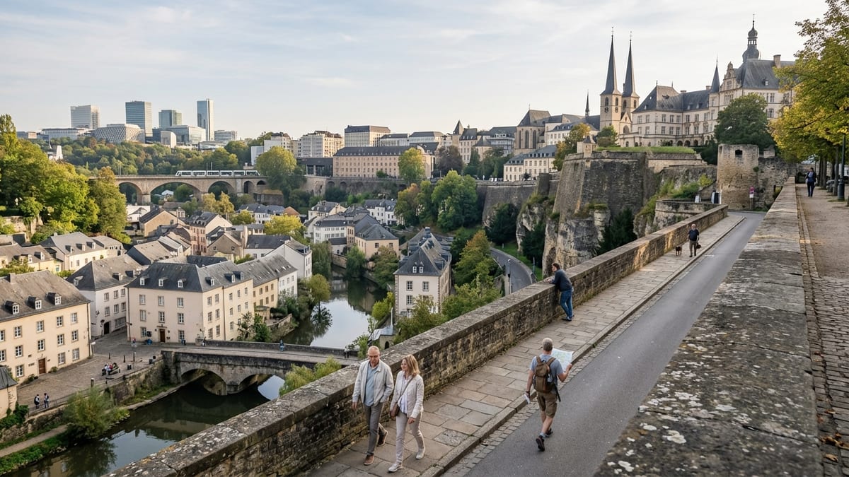Elevated view of Luxembourg City with a mix of historical and modern architecture. 