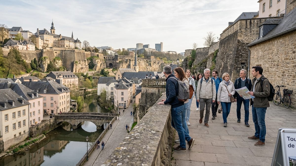 Visitors on a guided tour enjoy Luxembourg City's historic fortifications.