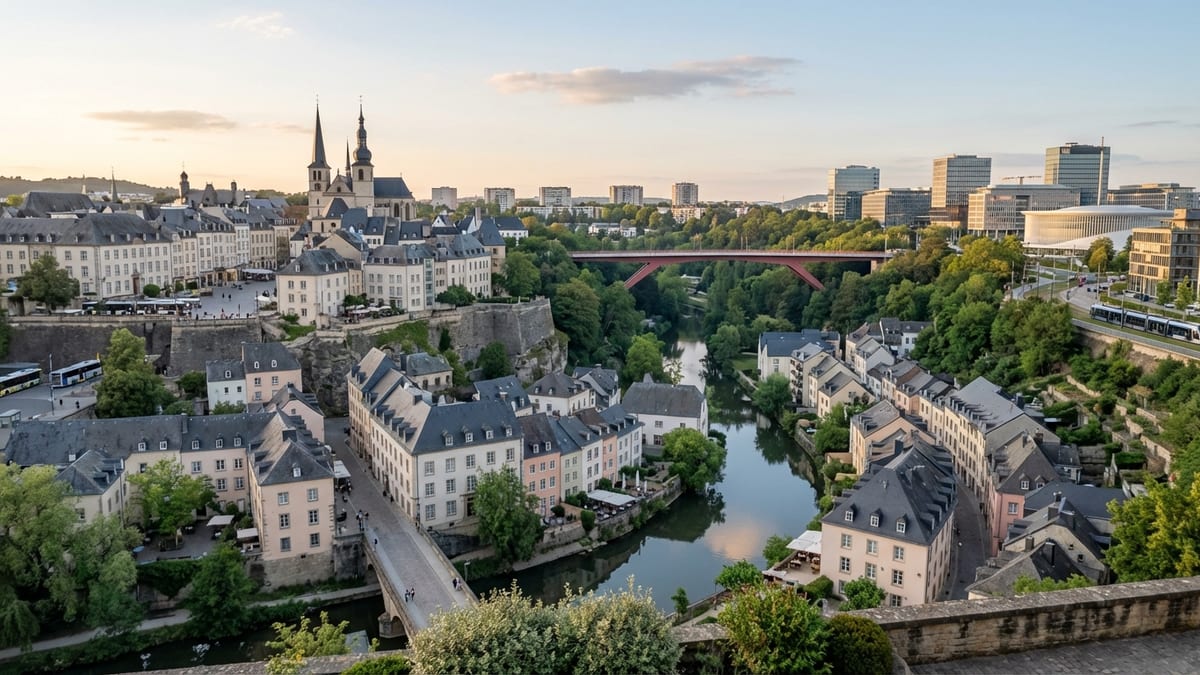 Elevated view of Luxembourg City's contrasting districts during golden hour.