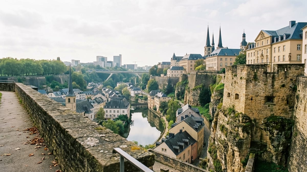 Elevated view of Luxembourg City's layered structure from Chemin de la Corniche.