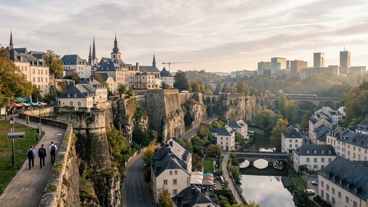 Panoramic view of Luxembourg City showcasing its historic old town and modern financial district.