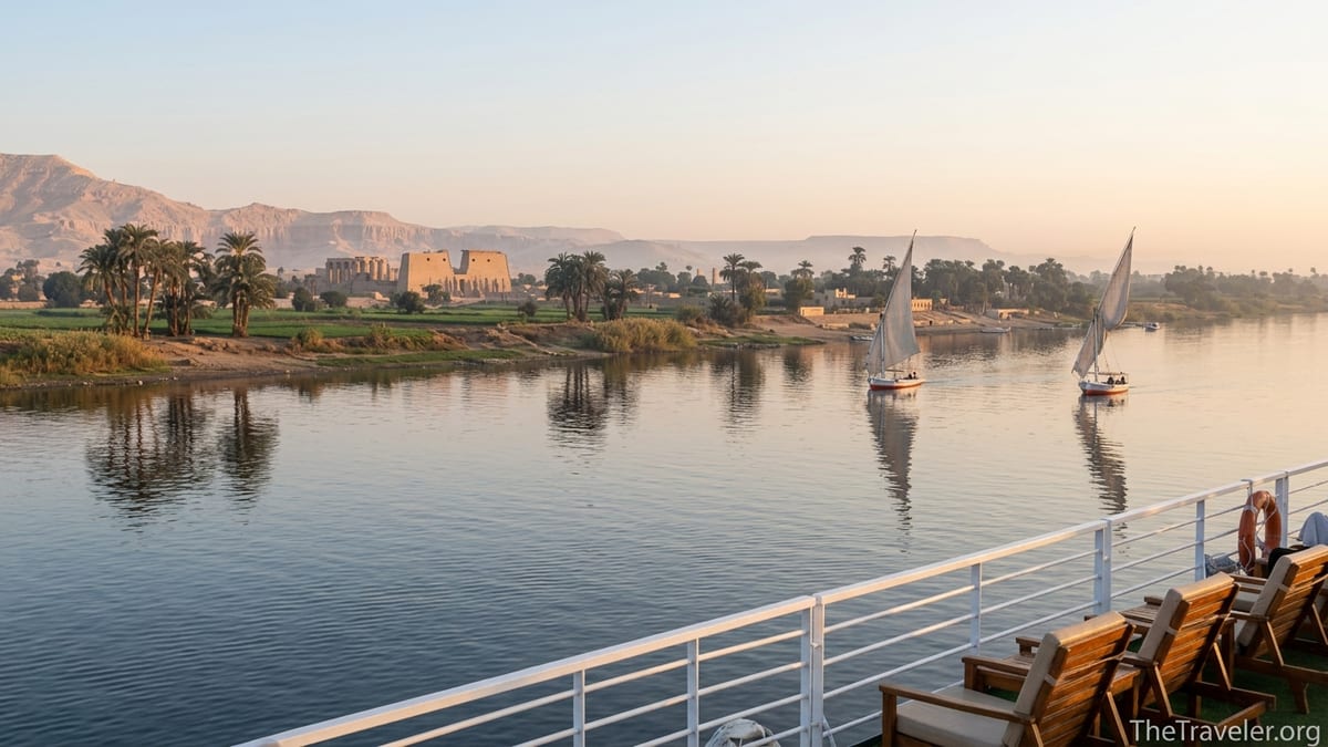 Sunrise view from a Nile cruise boat with temples and feluccas along the riverbank.