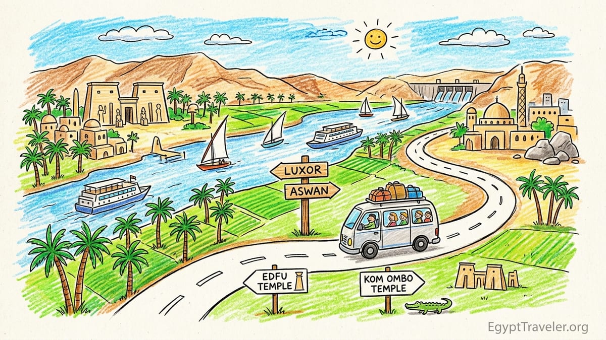 Tourists step from a private minivan toward an Upper Egypt temple on the road between Luxor and Aswan.