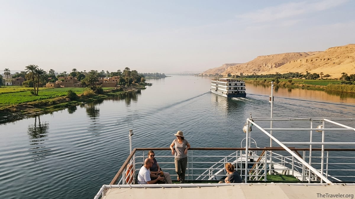 View from a Nile cruise deck between Luxor and Aswan with river, fields and desert cliffs.