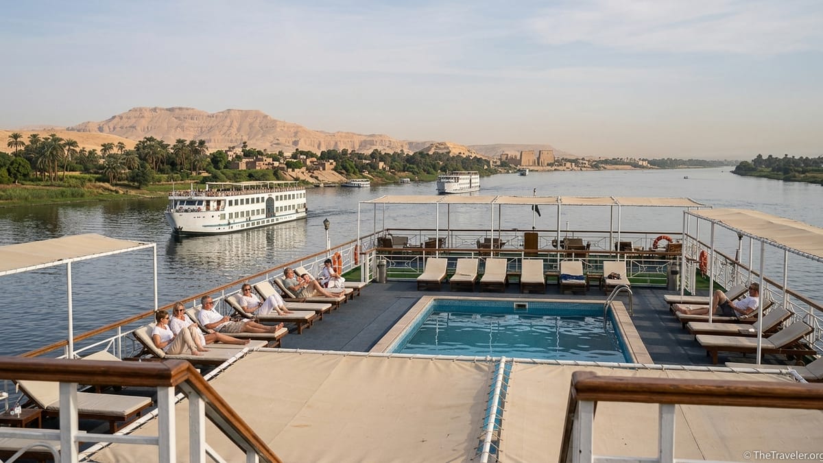 Sun deck of a Nile cruise ship sailing between Luxor and Aswan with palm-lined banks and desert hills.