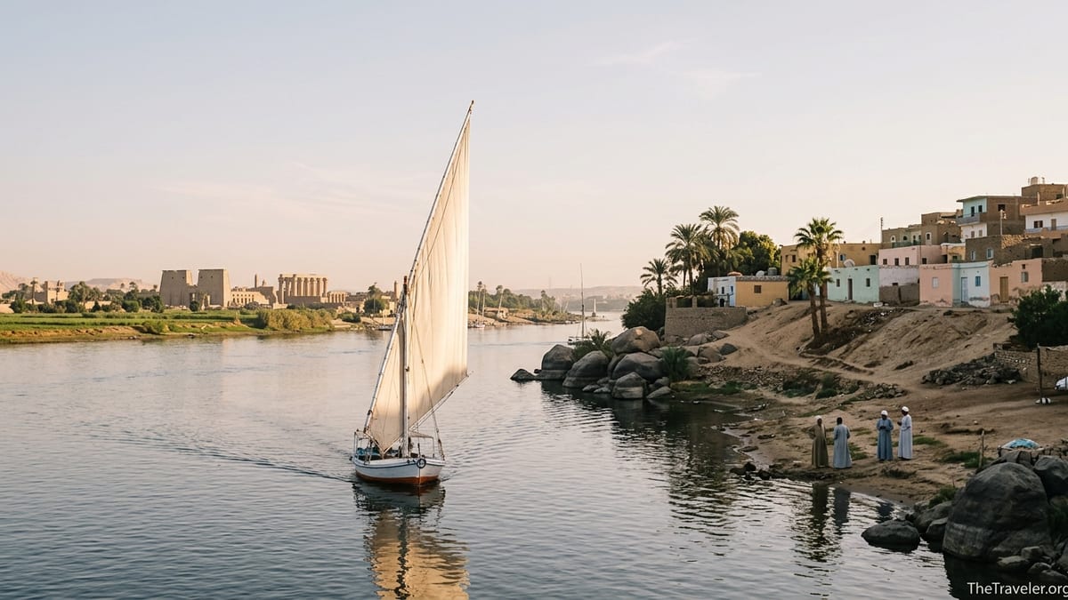 Felucca sailing at sunset on the Nile with temples and Nubian houses along the banks.