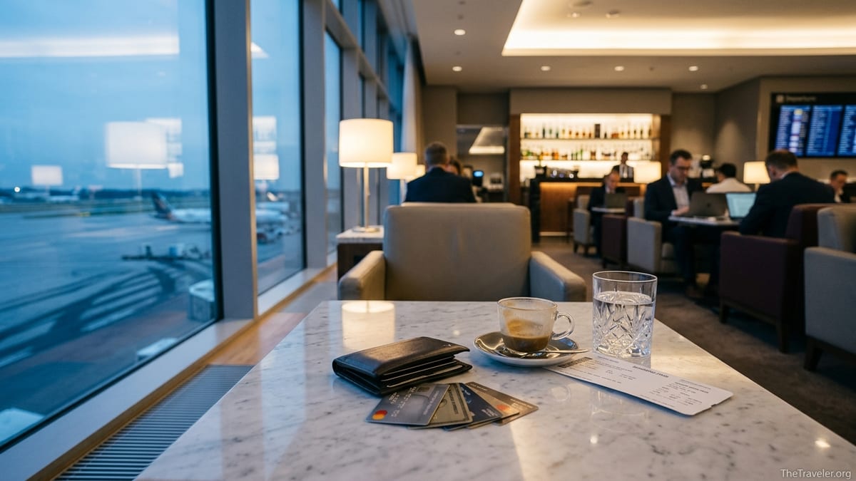Metal luxury credit cards on a marble table in an airport lounge at dusk.
