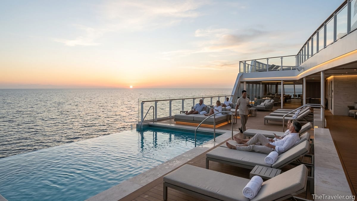 Infinity pool and loungers on a modern luxury cruise ship at sunset, resembling a five-star resort.