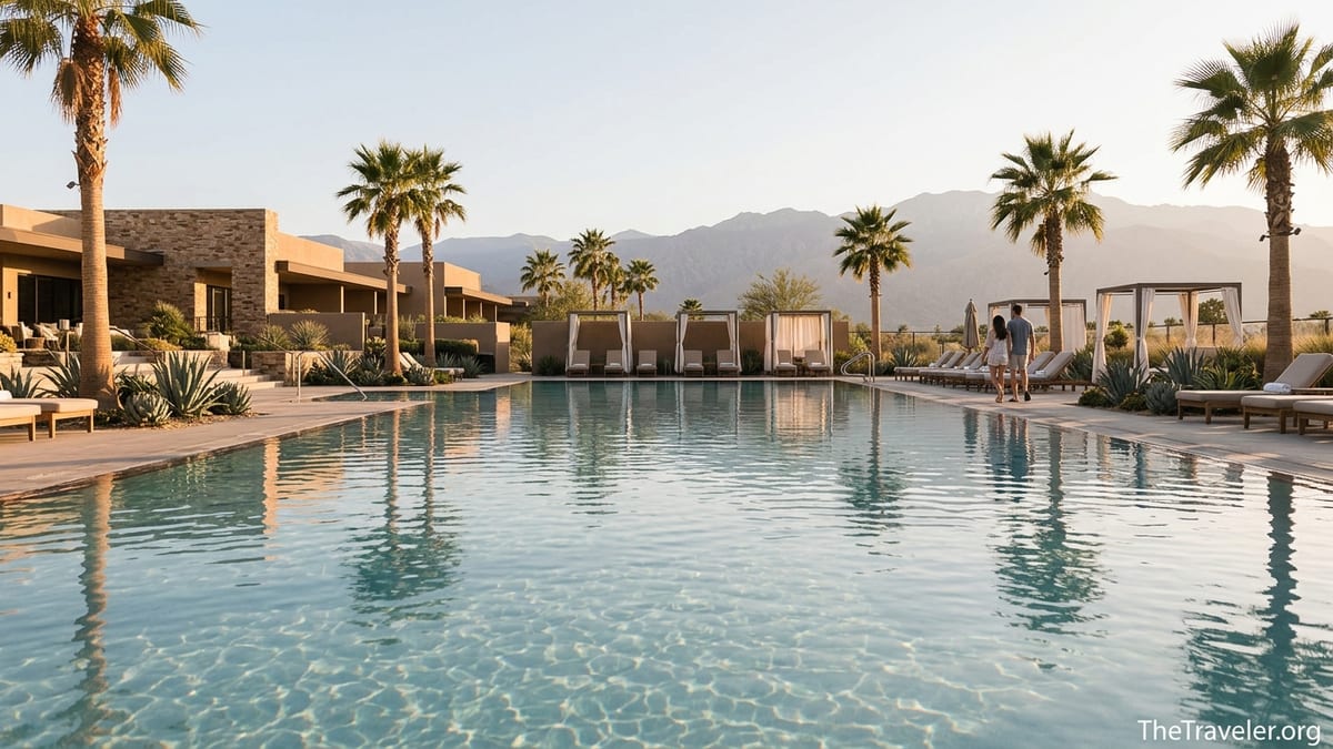 Infinity pool at a luxury desert resort with palm trees and mountains at sunset.