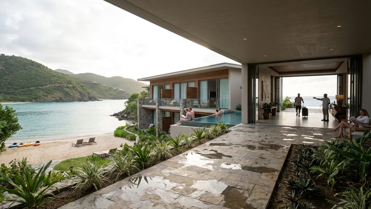 Luxury resort with modern architecture, infinity pool, and a private beach.