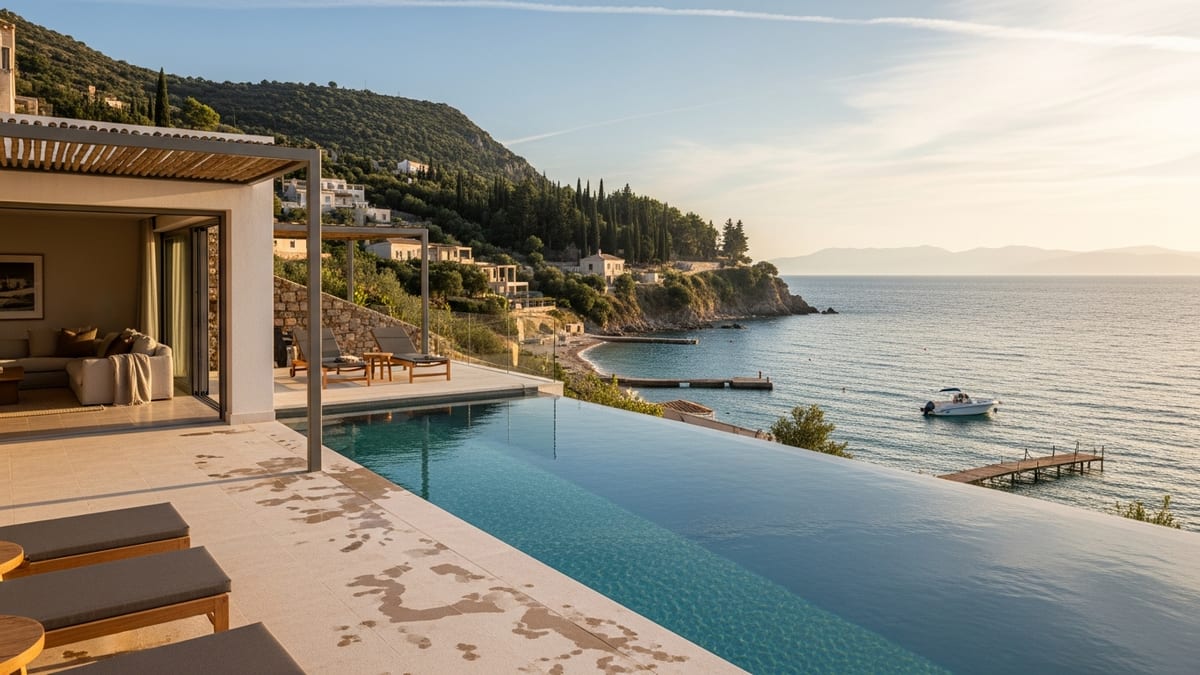 Luxurious villa terrace overlooking the calm Ionian Sea