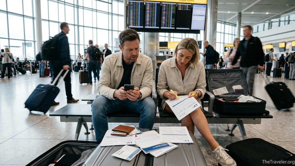 Couple reviewing LV travel insurance documents in a busy airport departures hall.
