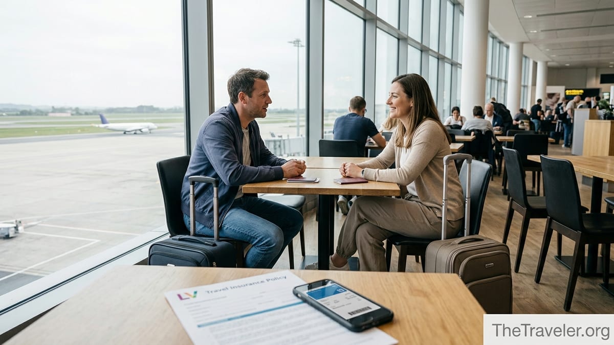 Couple in an airport lounge reviewing LV travel insurance documents before their flight.
