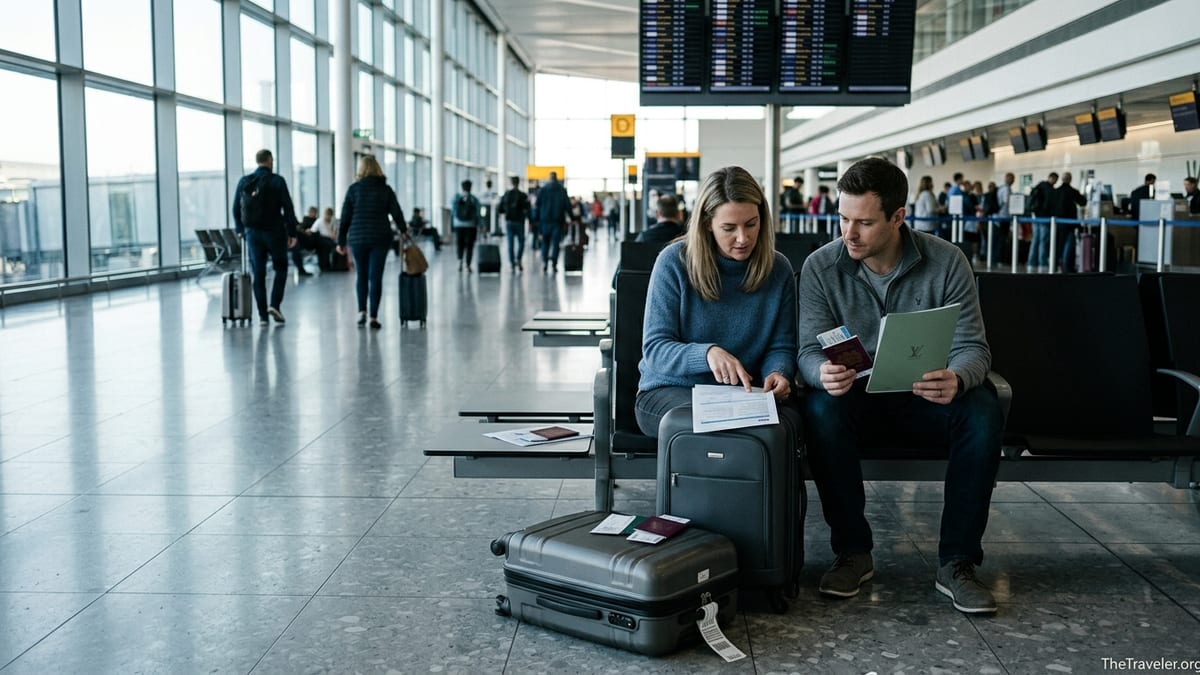 Couple in an airport departure hall reviewing travel insurance papers beside their luggage.