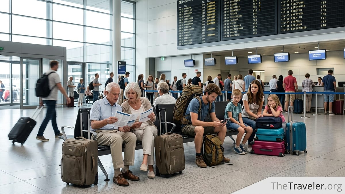Different types of travellers waiting in a bright airport terminal with their luggage.