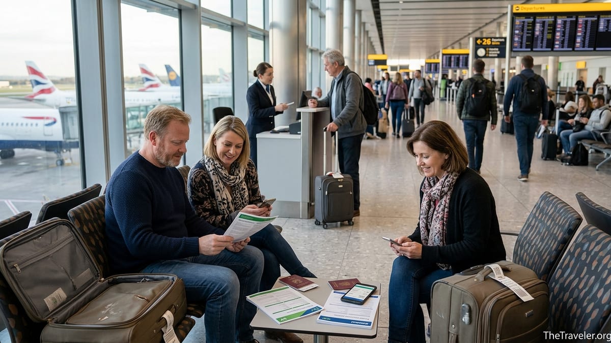 Travellers in a UK airport lounge comparing travel insurance documents before a flight.