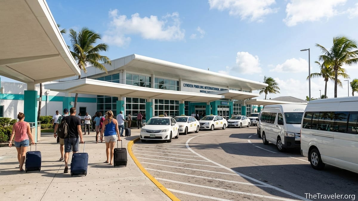 Travelers with luggage outside Lynden Pindling International Airport in Nassau, Bahamas.