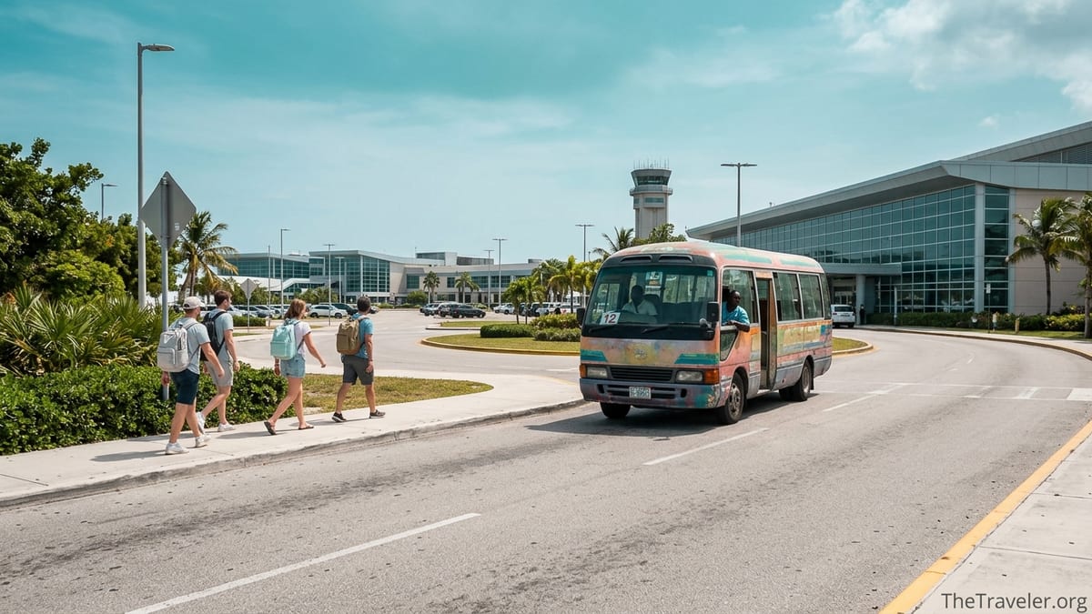 Travelers with small bags walking toward a Nassau jitney bus near Lynden Pindling International Airport.