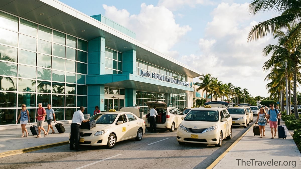Taxi queue outside Lynden Pindling International Airport in Nassau with travelers and palm trees.