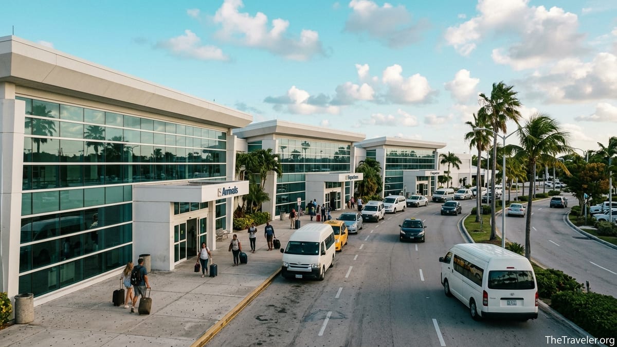 Curbside view of Nassau’s Lynden Pindling International Airport terminals with travelers and taxis.