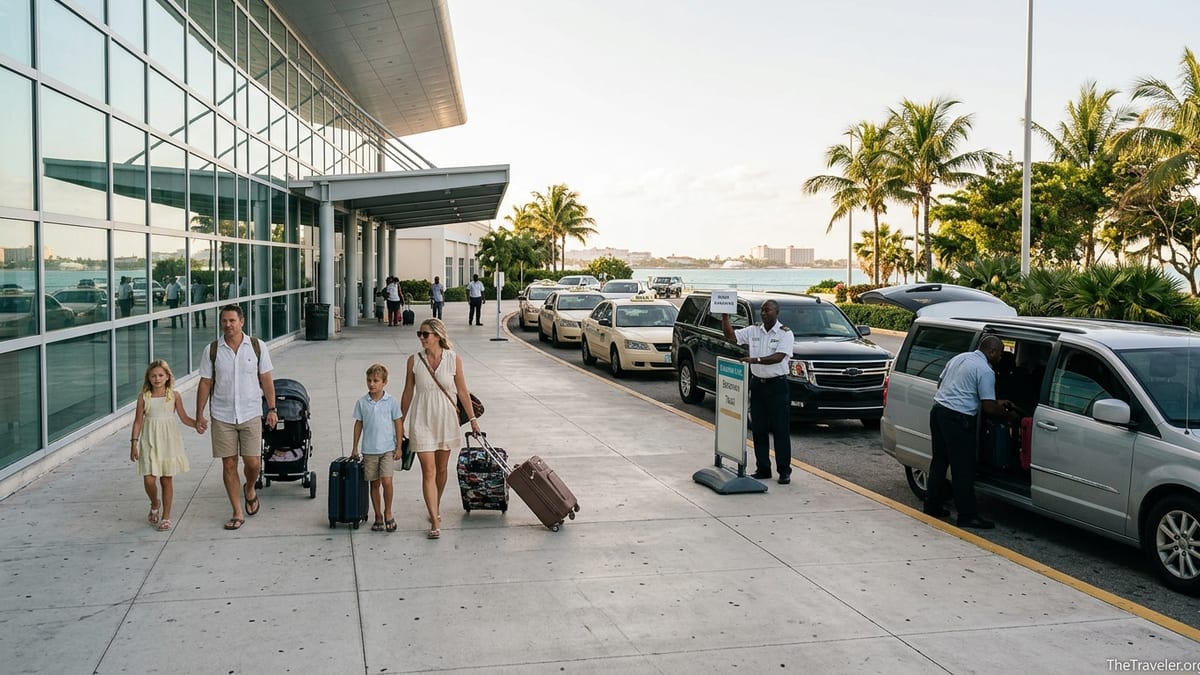 Travelers with luggage heading to taxis outside Lynden Pindling International Airport in Nassau.